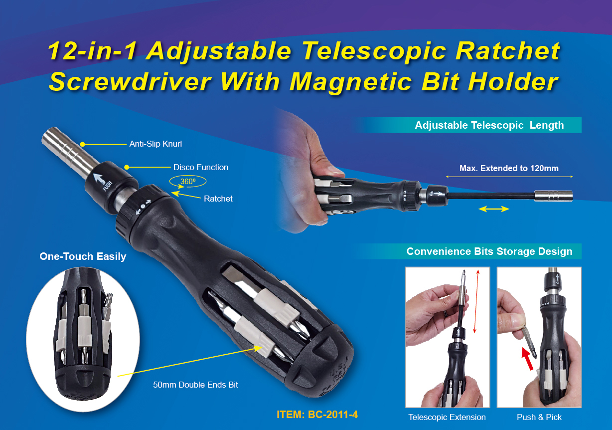 12-In-1 Adjustable Telescopic Ratchet Screwdriver With Magnetic Bit Holder